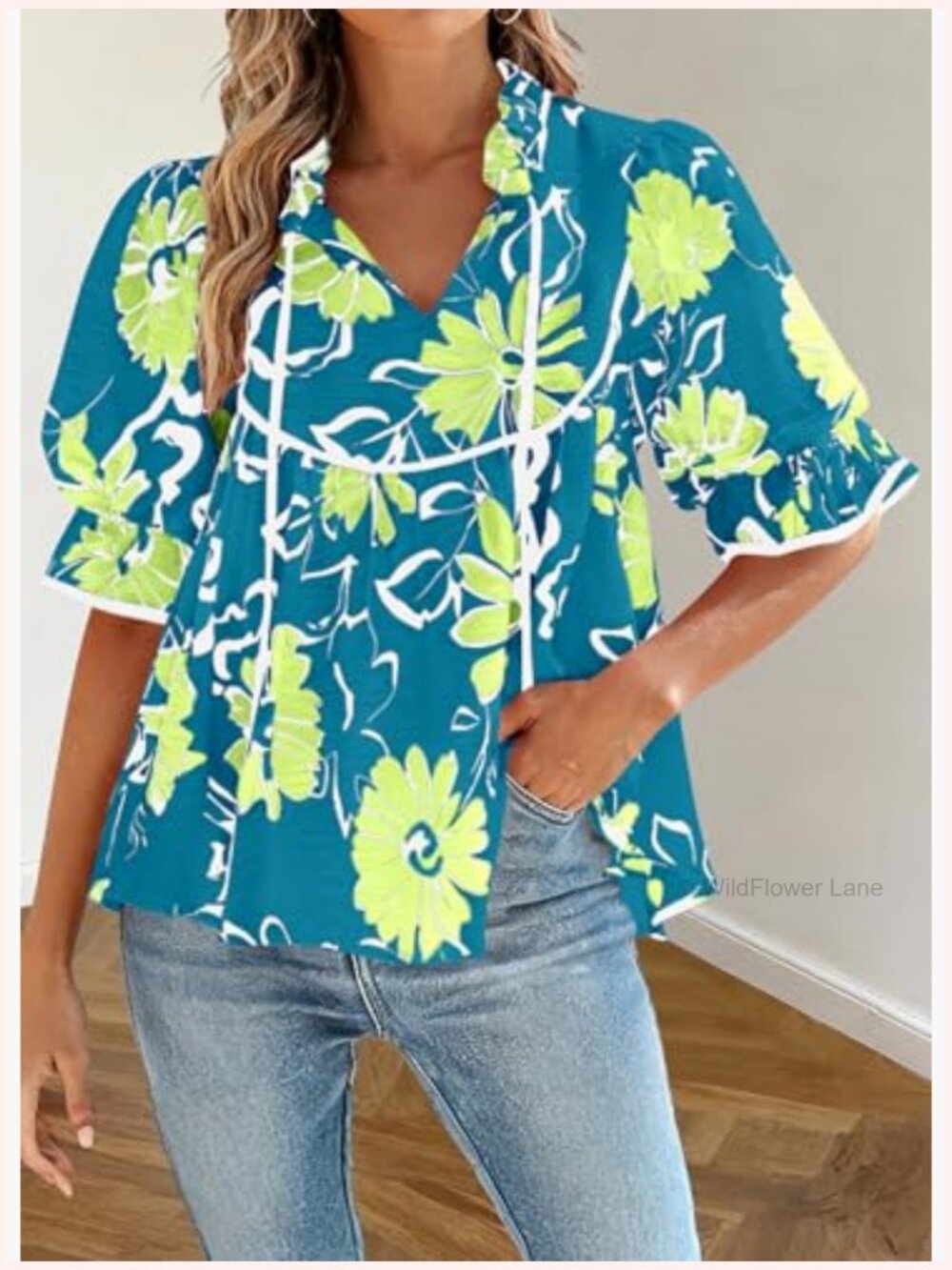 Ruffle Puff Sleeve V Neck Babydoll Tunic Top Blouse Boho Floral Peplum Shirt - Picture 3 of 7